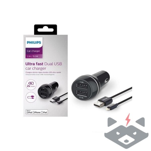 12V Philips Бързо зарядно за кола с 2 USB Порта 3,1 A - 15.5 W DLP2357V 2xUSB+Lighting/iPhone/ КАБЕЛ