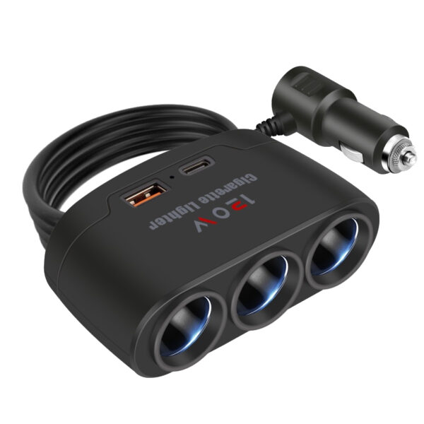 Разклонител за кола 12V/24V – 120W, 3 запалки, USB 3.1A и Type-C порт