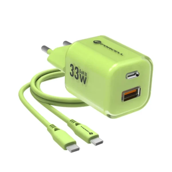 Мрежово зарядно Forcell F-ENERGY PD QC4.0 33W GaN III VT-41, кабел 1 x USB-C, 1x USB-A