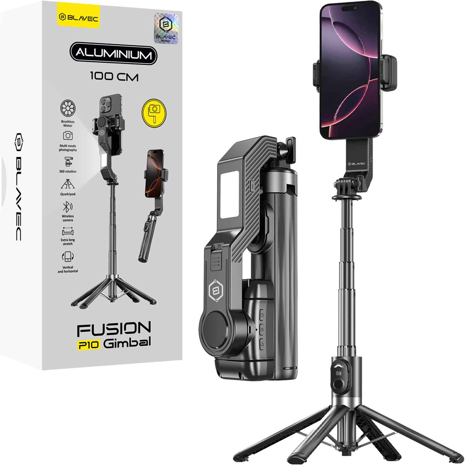 vensfon-p10_11zon Blavec Селфи стик Aluminum Fusion P-10 Gimbal Tripod + Дистанционно управление - 1 метър /черен/ - Image 1