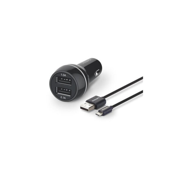 12V Philips Бързо зарядно за кола с 2 USB Порта 3,1 A - 15.5 W DLP2357U/10 Включен кабел с micro USB /черно/