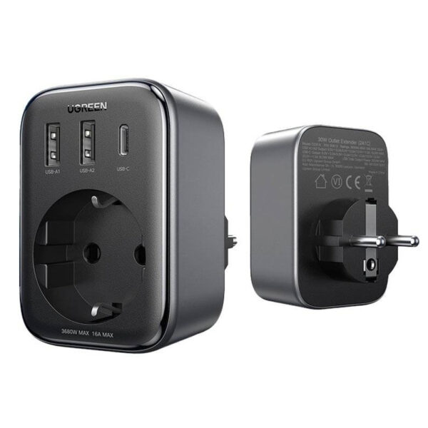 Адаптер за контакт UGREEN, 220V, AC 3680W, Бързо зарядно 2x USB-A, 1x USB-C, 30W, Черен