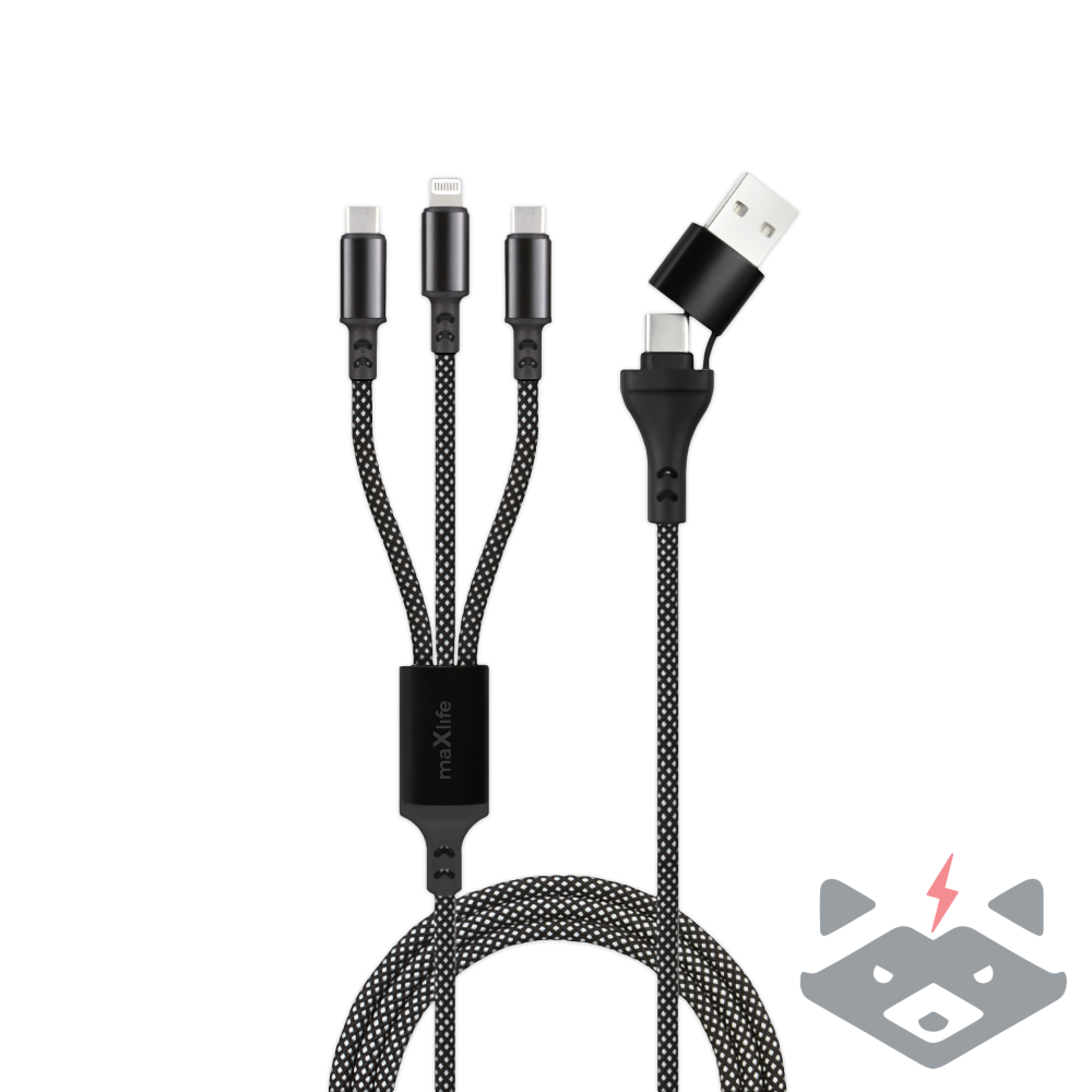 vensfon.com-maxlife-3in1-1 66W - 1,0 m Кабел USB + Type C Maxlife ALLin1 Lightning + 2x USB-C /черен/ - Image 1