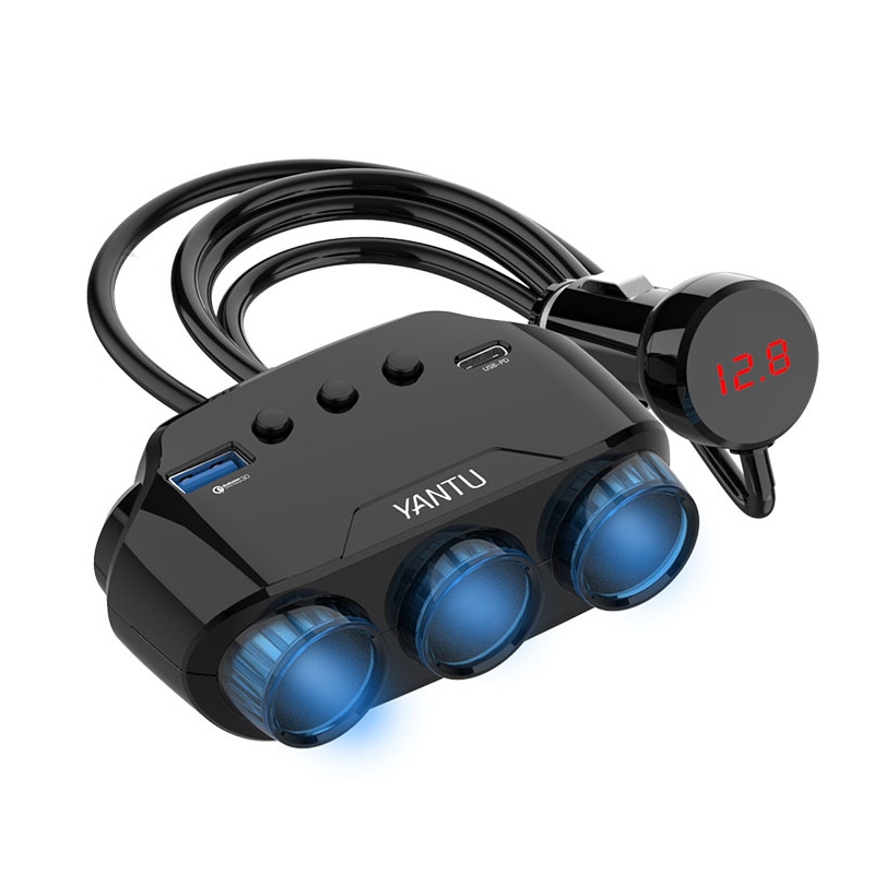 vensfon111-1 Разклонител за кола YANTU LM21, 3 гнезда Волтметър, USB, USB TYPE-C/черен/ - Image 1